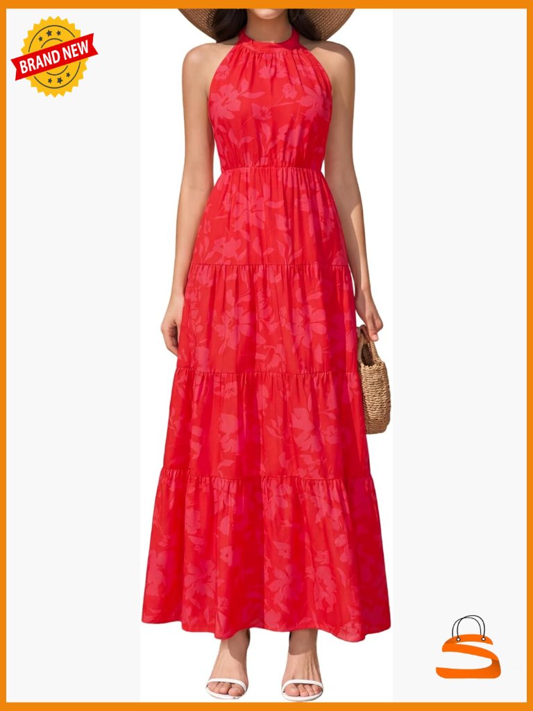 Floral Halter Boho Maxi Dress A-Line Flowy Tiered Beach Wedding Guest Sundress
